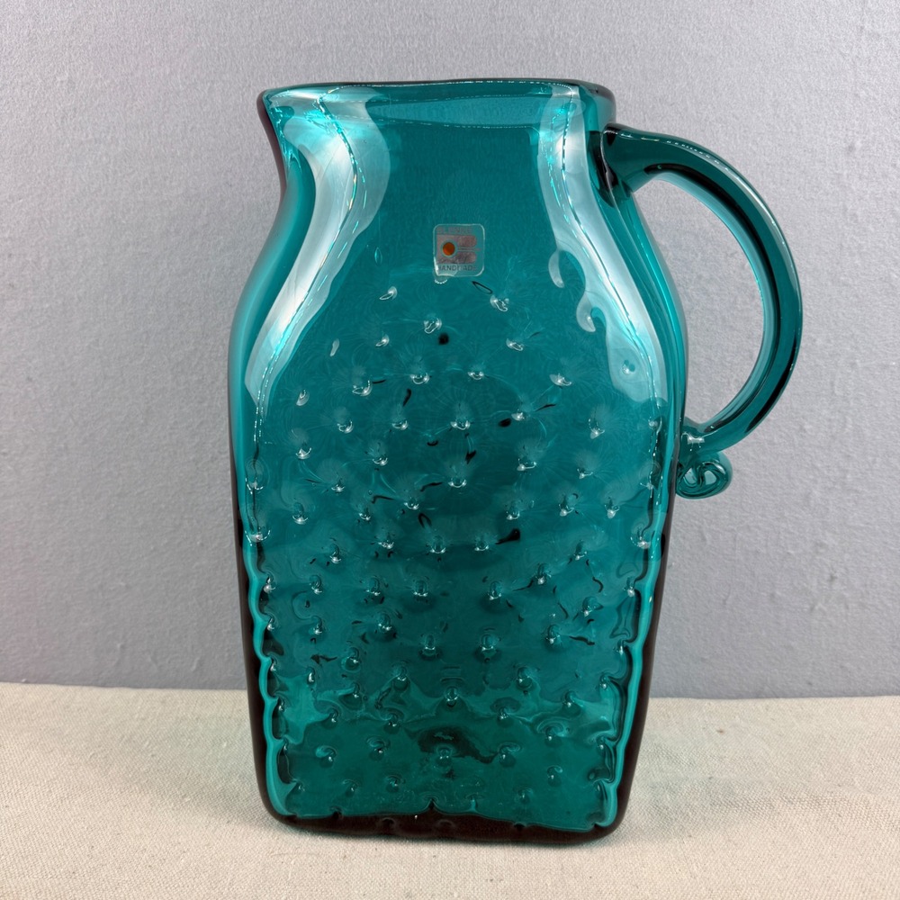 VTG Blenko 9027L Teal Blue Glass Dimpled Pitcher 12" Large MCM Style Sticker